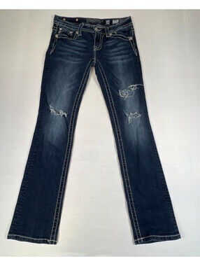 Miss Me Women 28 Dark Wash Distressed Bootcut Jeans Rhinestone Pocket Stretch